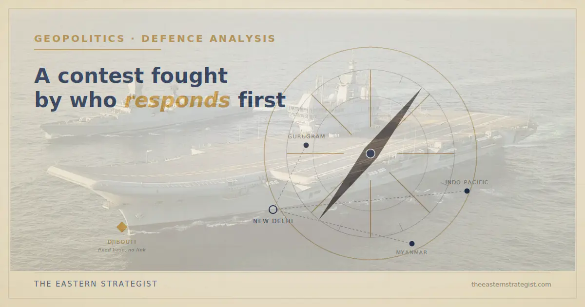"Compass rose illustration showing India's networked disaster-response hubs across the Indo-Pacific, contrasted with China's isolated Djibouti base" — matches the SEO alt text I gave you last time closely enough to swap in.Indian Army disaster response