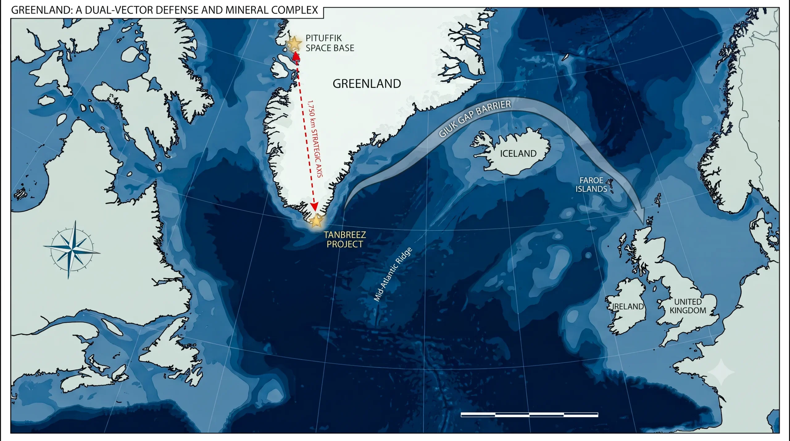 Does the Greenland Security Deal Threaten Russia’s Atlantic Gateway? Geopolitical map of Greenland highlighting Pituffik Space Base on the northwest coast and its role in missile early-warning radar coverage