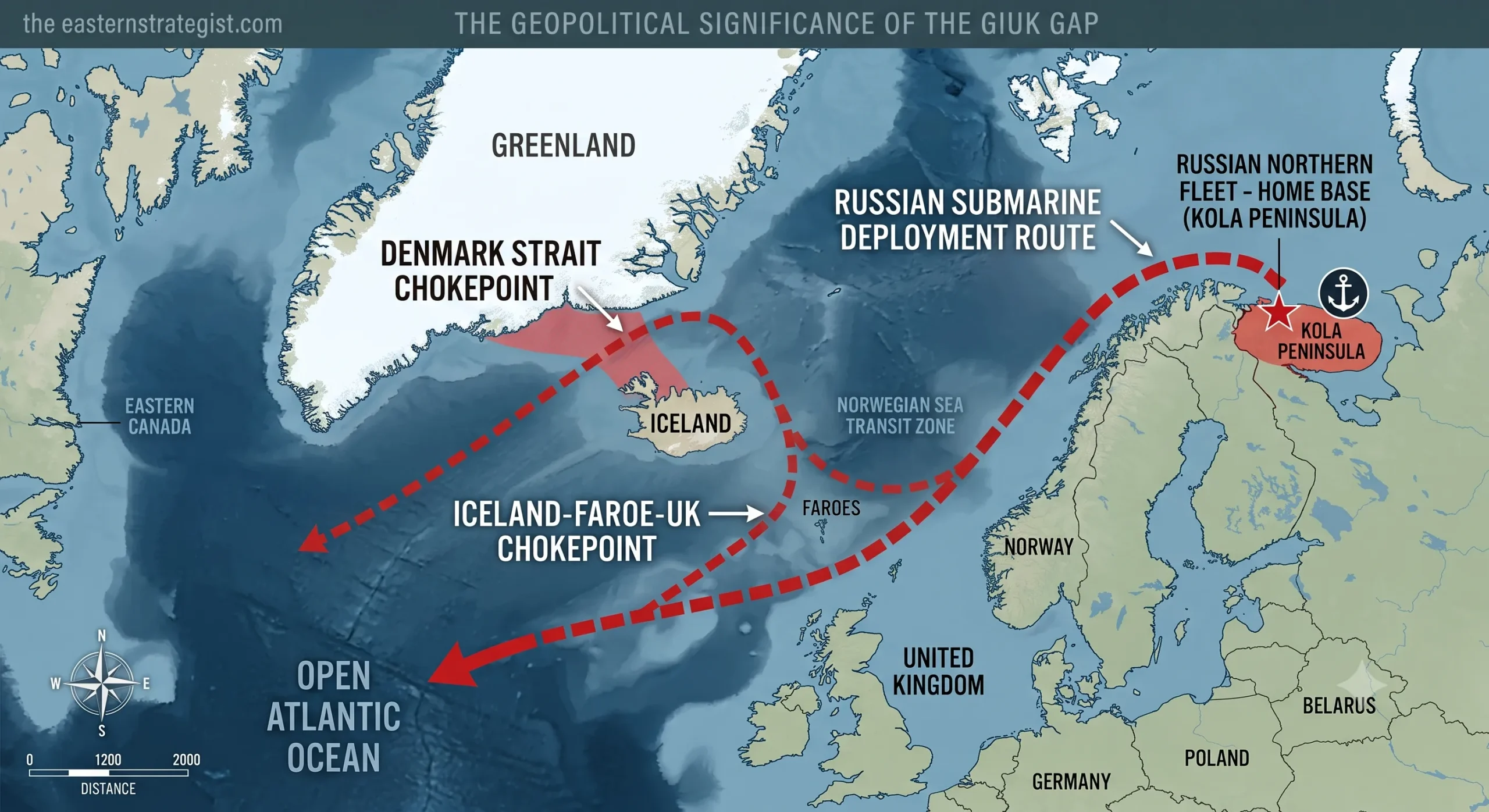 Does the Greenland Security Deal Threaten Russia’s Atlantic Gateway? Map of the GIUK Gap showing Greenland, Iceland, the United Kingdom and Russia's Kola Peninsula, with the Northern Fleet's transit route into the Atlantic Ocean