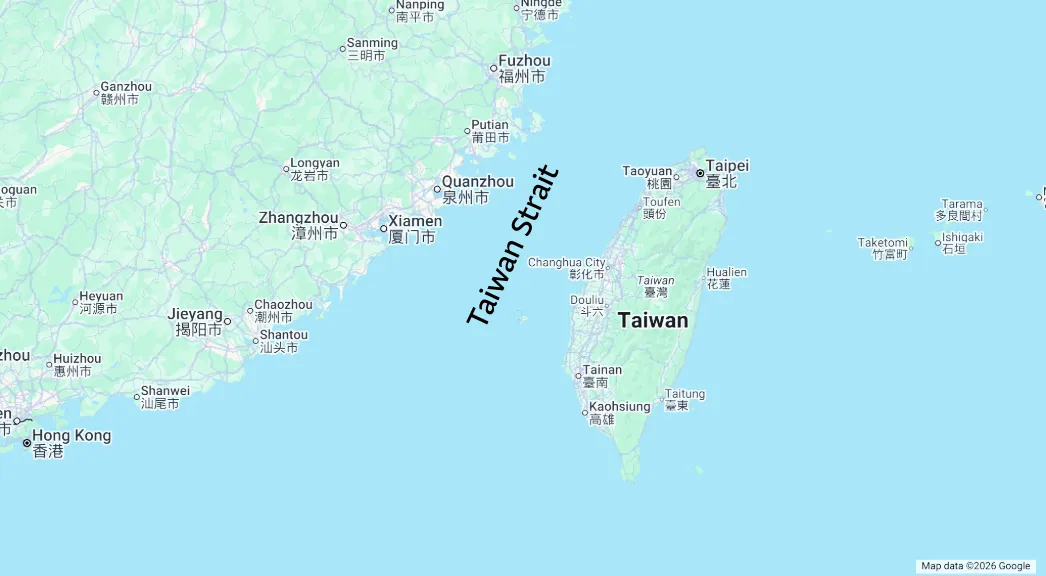 Trump Xi Arms Offer: Perdue's Claim and the $14B Freeze Map of the Taiwan Strait between Taiwan and mainland China, the setting for the paused $14 billion US arms package