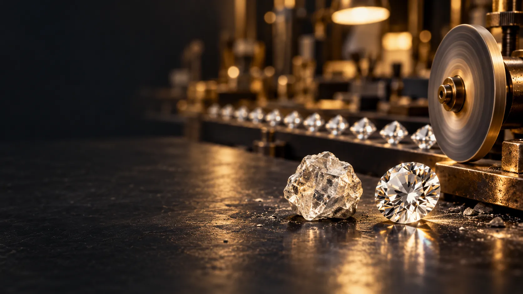 Diamond Prices Fell 51%. India Cuts 9 in 10 of the World’s Stones Illustration of diamond prices falling: natural and lab-grown diamonds beside a polishing wheel