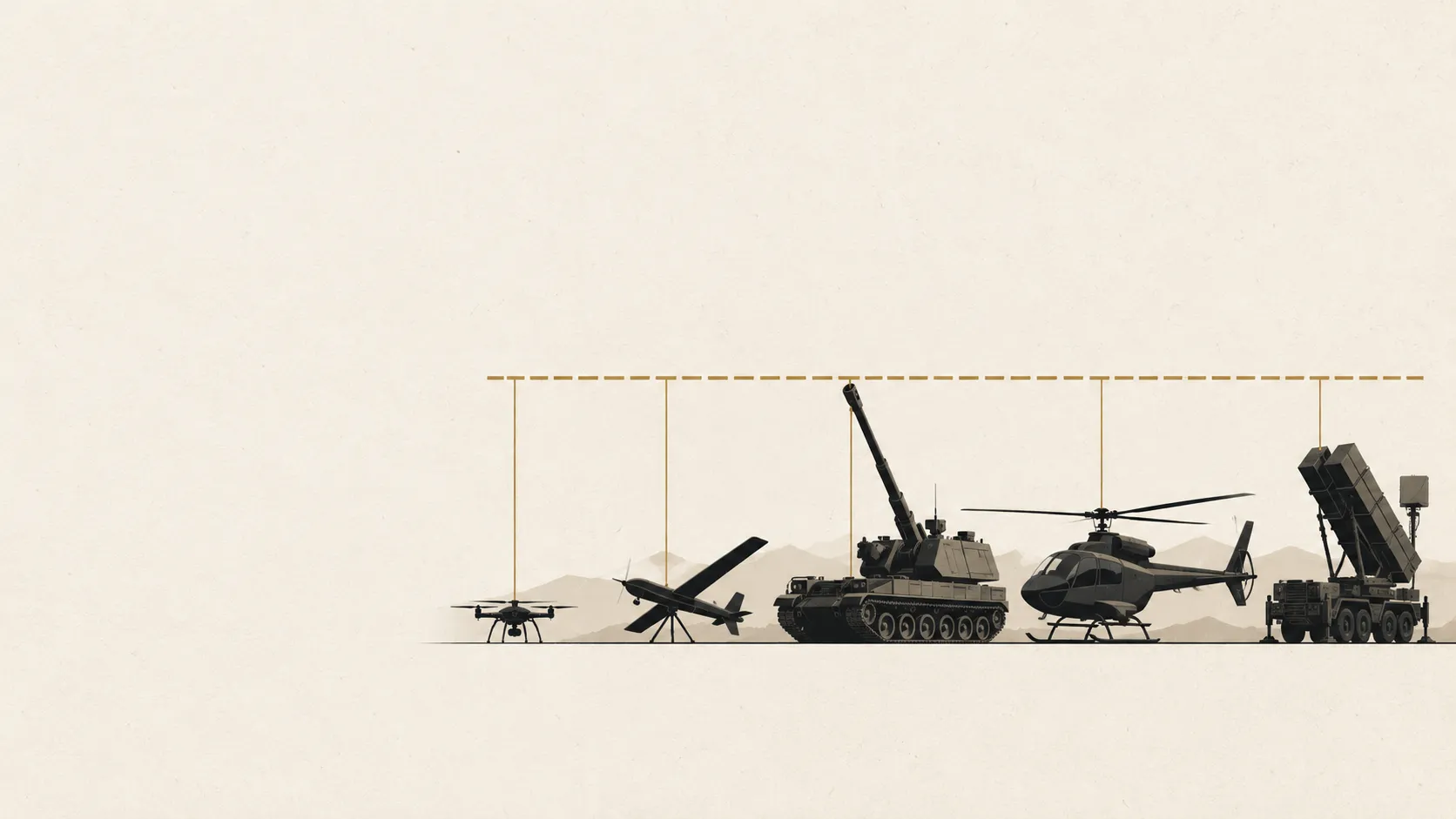 DAC 2.12 lakh crore approval: illustration of Army drones, a tracked gun and air defence systems beside a balance of budget against approvals