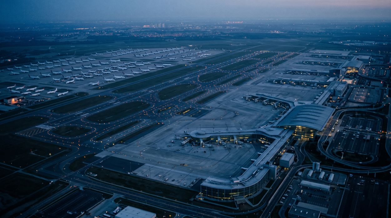 Moscow Airports Closed Twice in Two Days While the Kremlin Named Abu Dhabi for Talks Moscow airports closed: an empty departures hall at night with dark information screens and runway lights outside.
