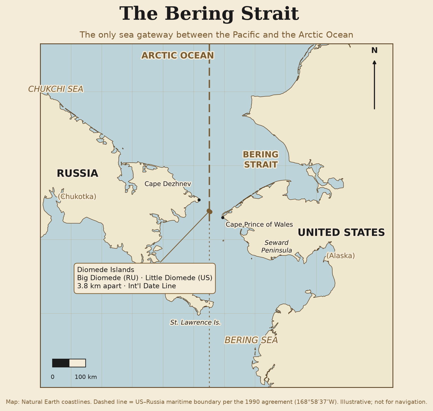 104 Arctic Transits Squeezed Through the Bering Strait's 82 km Gate. Russia Still Hasn't Ratified the Border. Map of Bering Strait shipping lane between Cape Dezhnev, Russia, and Cape Prince of Wales, Alaska, showing the Diomede Islands and the 1990 US-Russia maritime boundary
