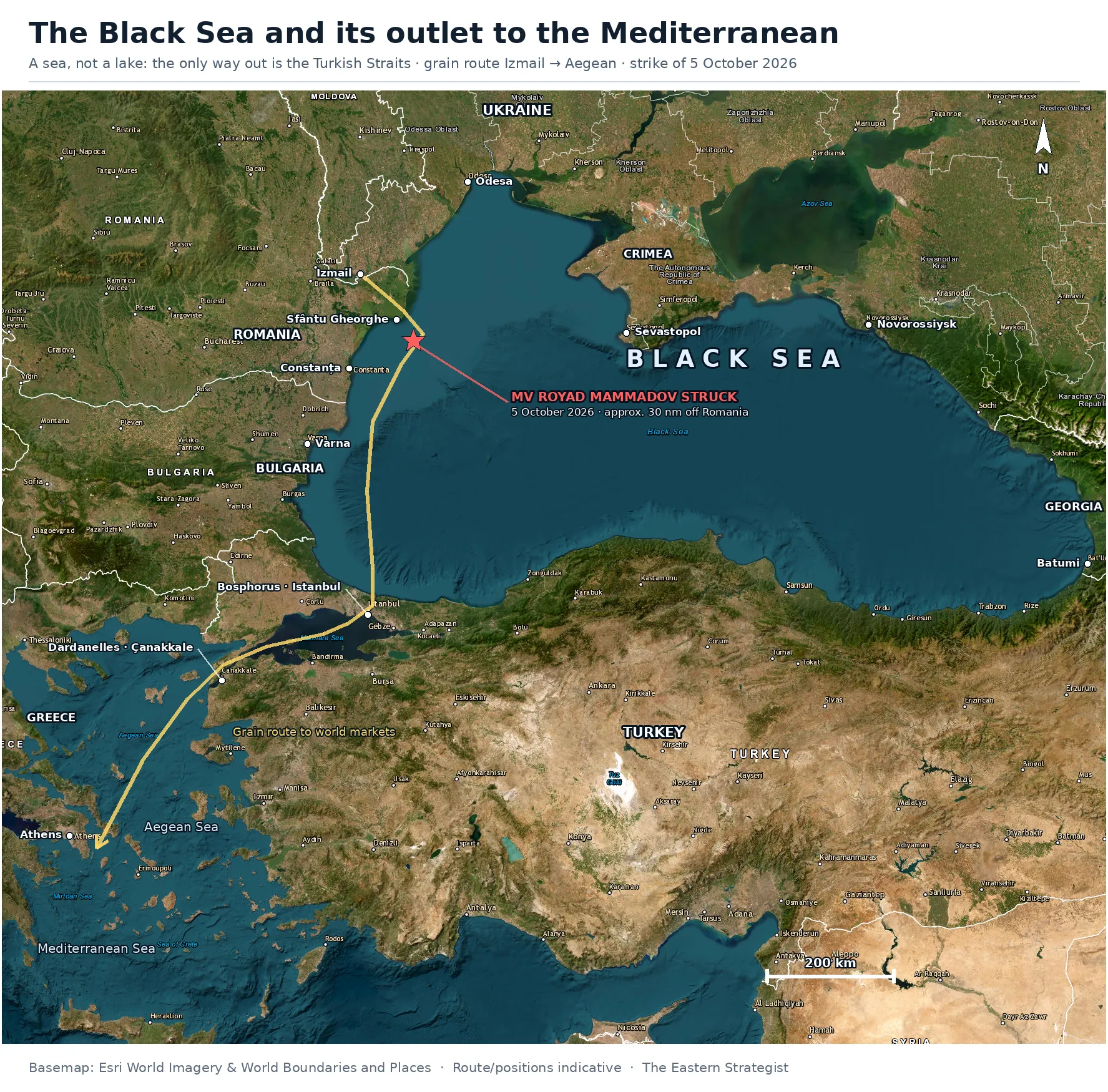 Black Sea Drone Strike: Two Dead, Cause Still Unconfirmed Map of the Black Sea drone strike site off Romania on 5 October 2026, showing the grain route from Izmail through the Bosphorus and Dardanelles to the Aegean