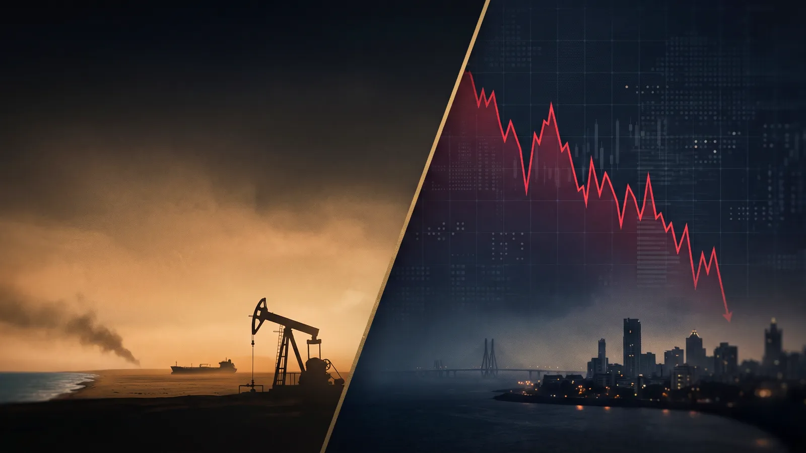 Nasdaq Fell 2.6%, Indian IT Rose. Then Oil at $114 Sank Defence Stocks Oil pumpjack and tanker silhouette beside a falling red stock chart over the Mumbai skyline, illustrating why defence stocks are falling as crude near $114 drags Indian markets
