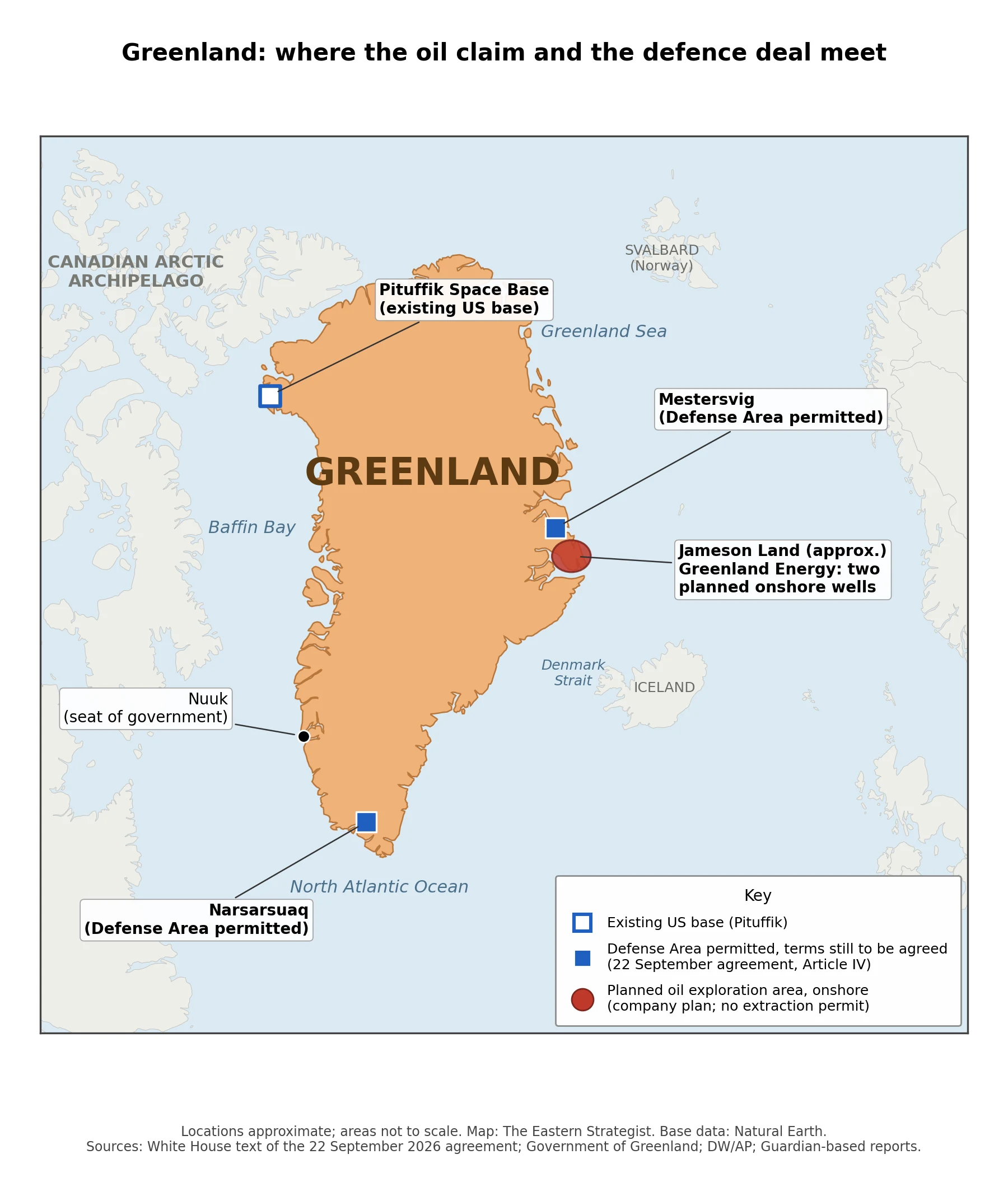 Trump Says Greenland Oil Exploration Is Set to Begin. The Signed Text Gives the US No Such Right Map of Greenland showing the planned Jameson Land oil exploration area, the existing Pituffik base and the Narsarsuaq and Mestersvig Defense Areas, relevant to Greenland oil reserves and the 22 September agreement