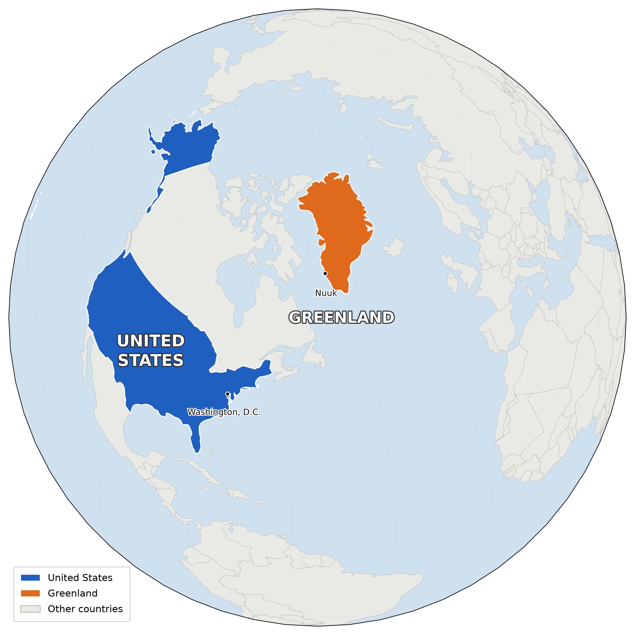 Trump Says Greenland Oil Exploration Is Set to Begin. The Signed Text Gives the US No Such Right Map of the United States and Greenland with Washington, D.C. and Nuuk marked, showing the geography behind Trump's Greenland oil reserves claim