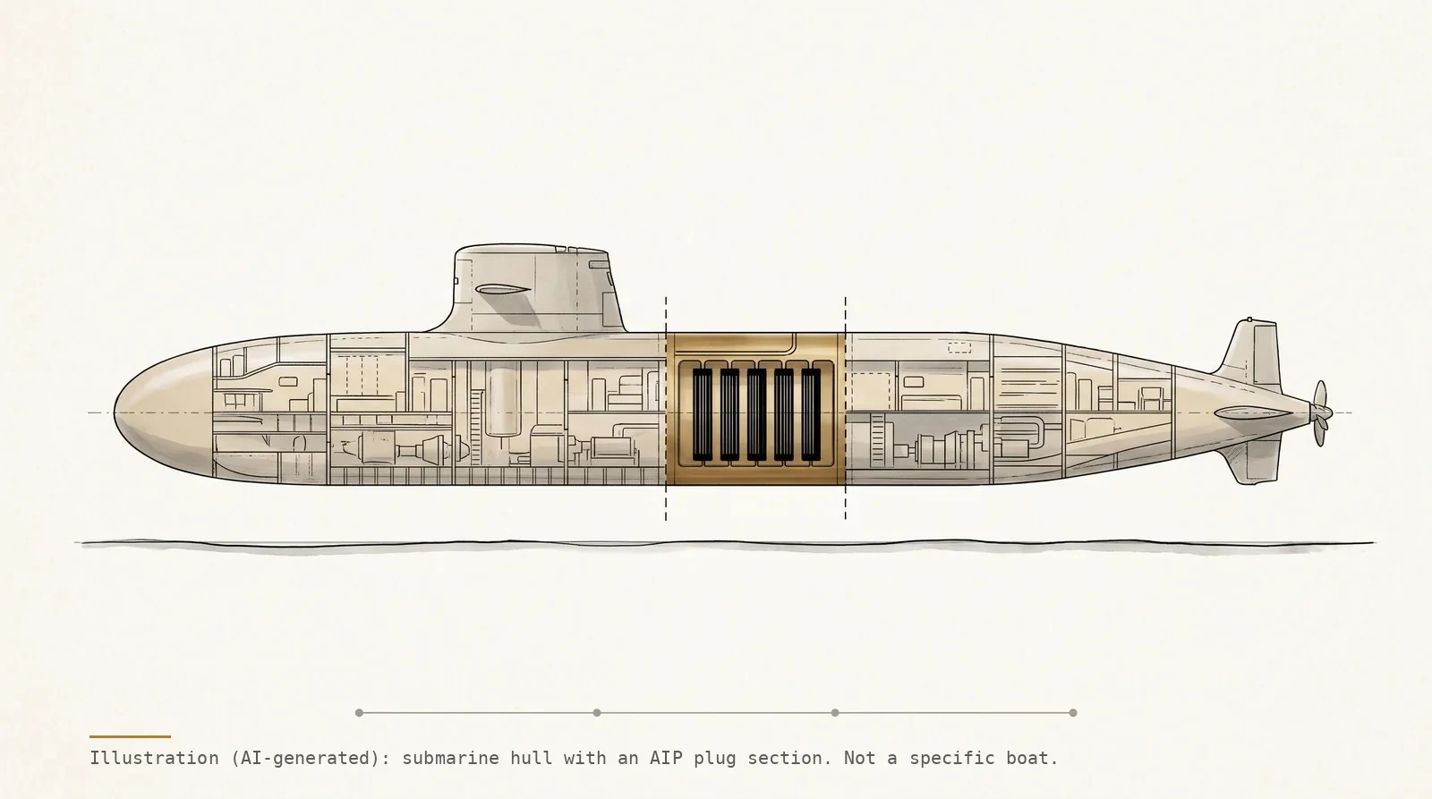 DRDO's Indigenous AIP System Begins STW-2 at L&T Hazira Indigenous AIP system: cutaway illustration of a submarine hull with the fuel-cell plug section highlighted in brass