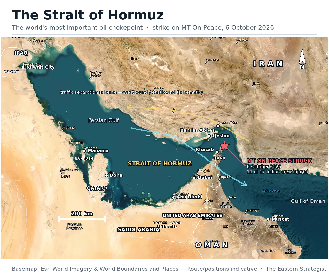 Black Sea Drone Strike: Two Dead, Cause Still Unconfirmed Map of the Strait of Hormuz showing where the tanker MT On Peace was struck off Oman on 6 October 2026, with 11 of 17 Indian crew injured